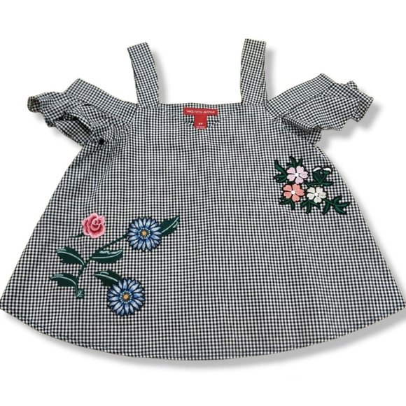 SAKS FIFTH AVENUE Cold Shoulder Top Gingham Check Floral Applique Black White S - Picture 1 of 8